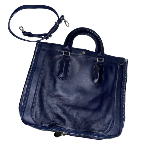 Pour Le Victorie Navy Blue Leather Bag Purse With Removable Strap & Dual Handles - Picture 1 of 7